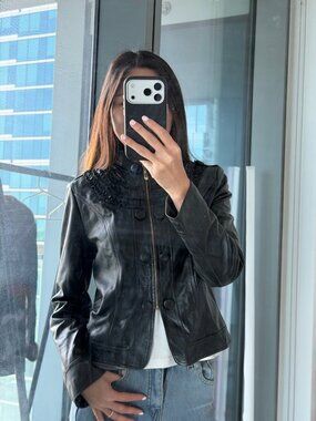 Black Genuine Leather Jacket Ruffle Bib Double Breasted Size S